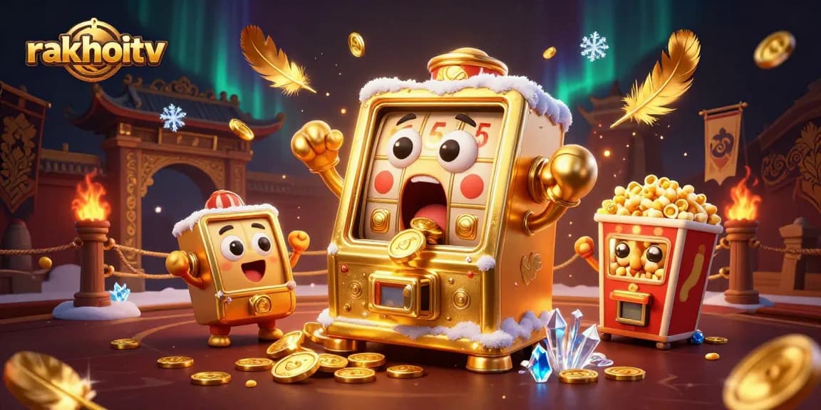 Experience the thrill of winning at rakhoitv with a golden slot machine hitting a jackpot.