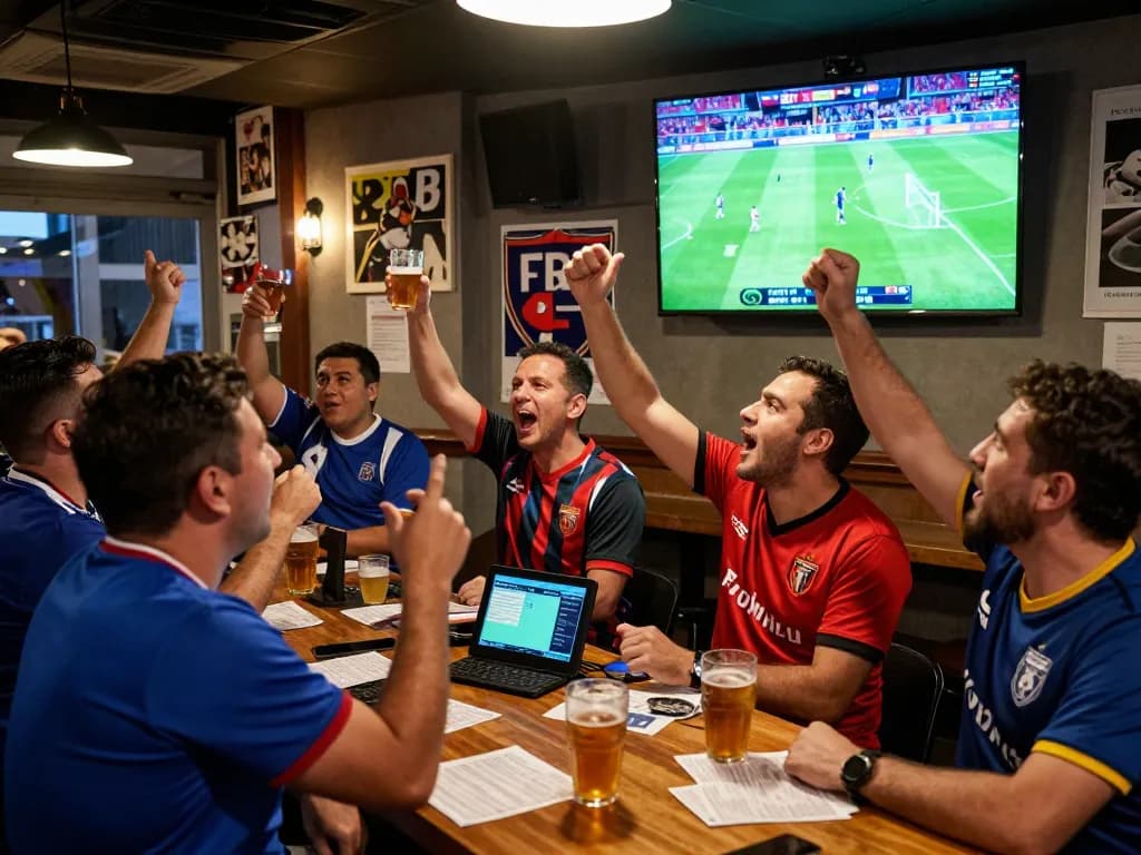 Excited fans celebrating kèo bóng đá at a lively sports bar during match day