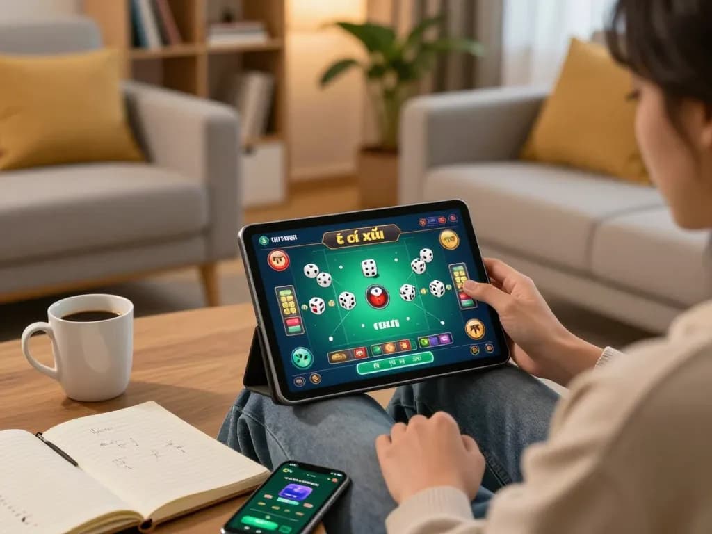Person actively playing game tài xỉu on a tablet in a stylish, cozy living room.