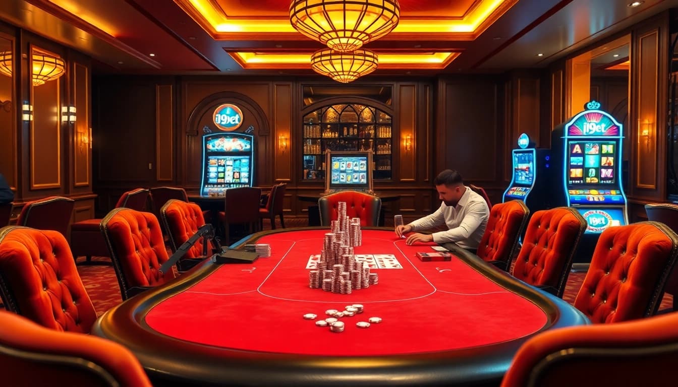 Experience high-stakes gaming at i9bet's luxurious casino, featuring intense poker action and vibrant slot machines.