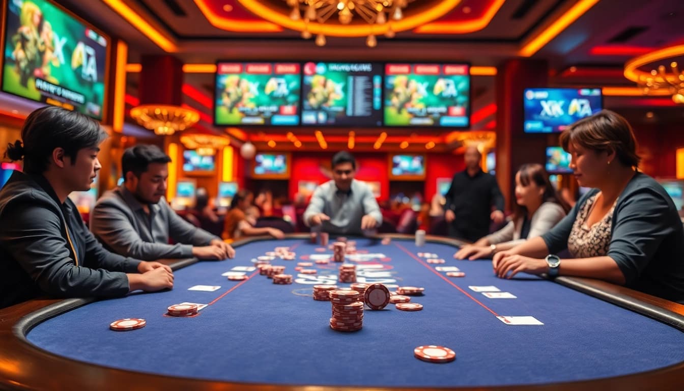 Xóc đĩa không sợ mất tiền at a lively casino table, featuring excited players and vibrant chips.