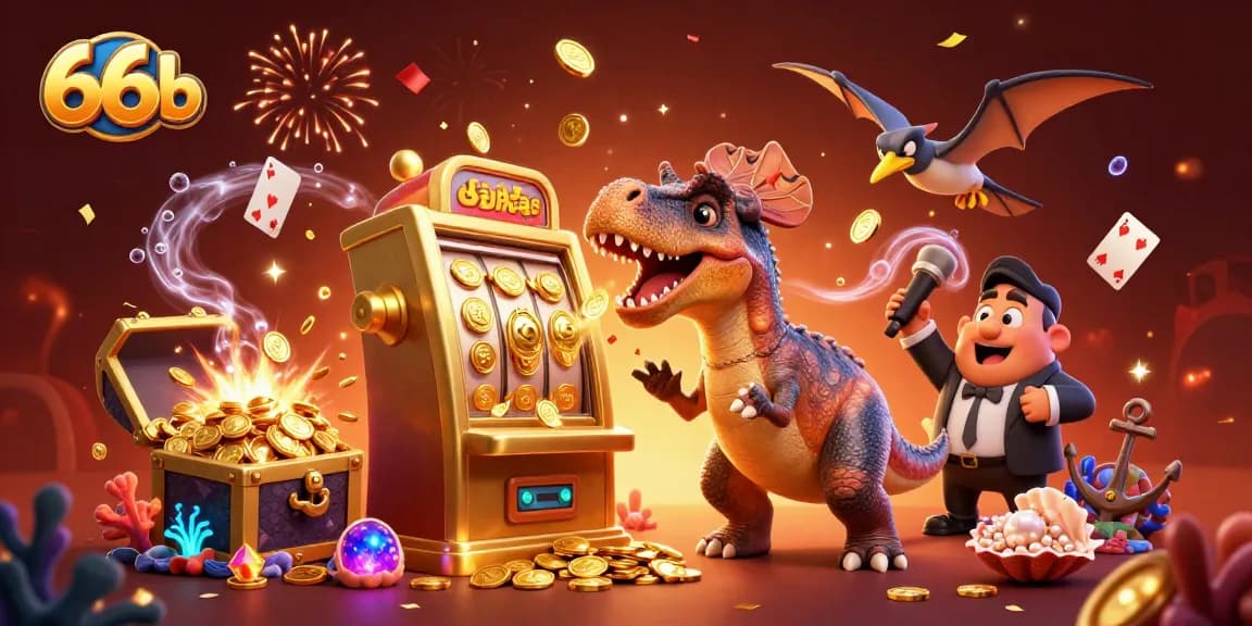 Catch the excitement at 66b as dinosaurs interact with a golden slot machine for fortune!