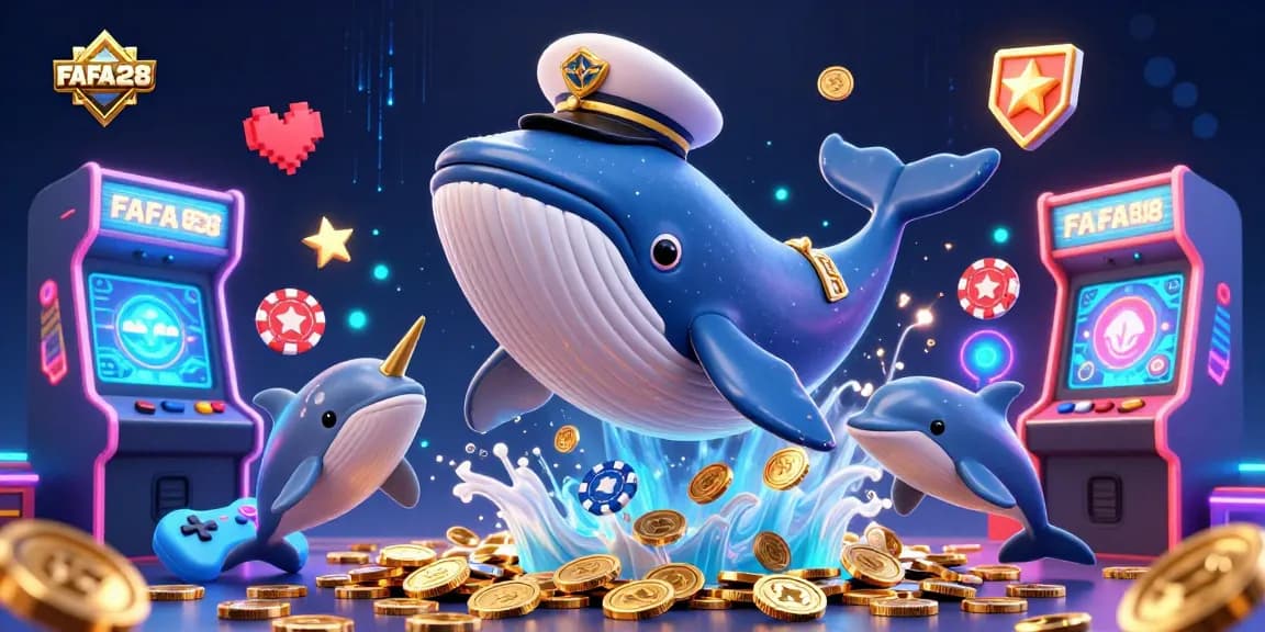 Engage in exciting gaming adventures with FAFA828, featuring cartoon whale, narwhal companion, and dolphins with poker chips.