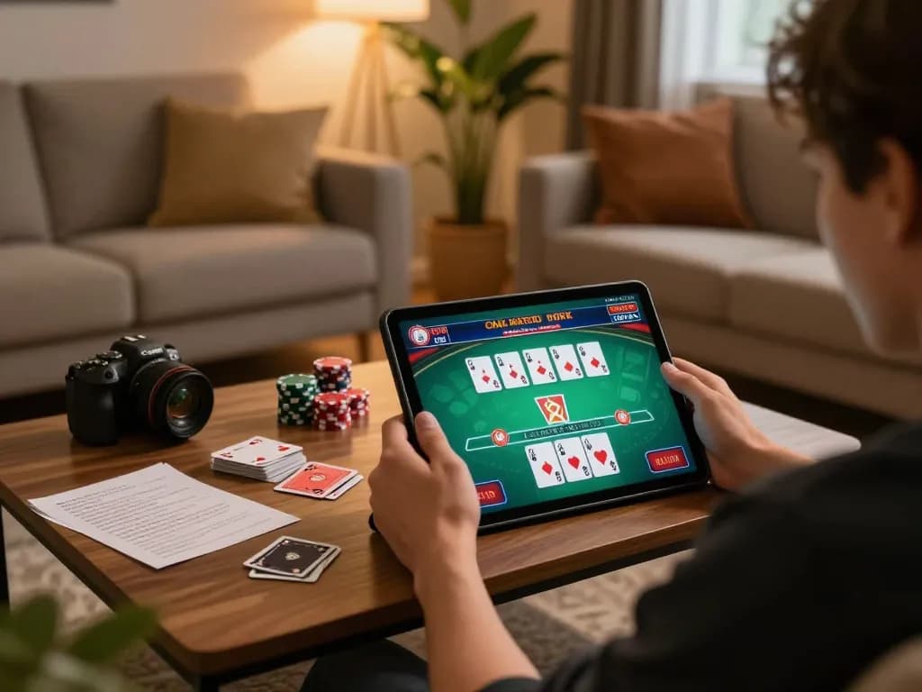 Engaging online gambling experience at home with bl555 poker game interface on tablet, showcasing responsible gaming.