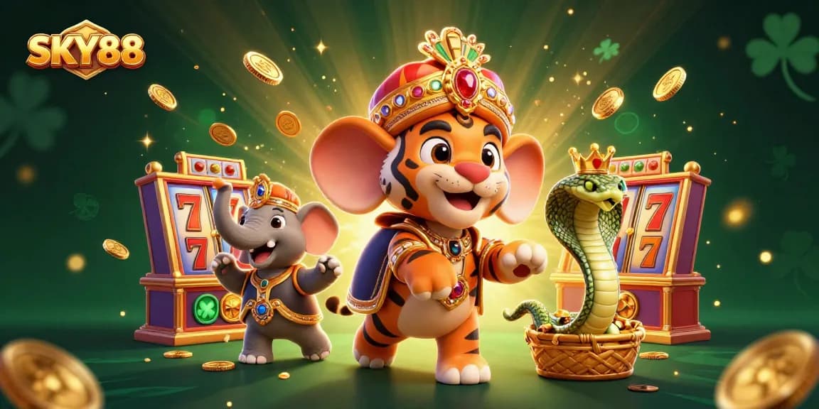 Experience thrilling wins with SKY88's vibrant casino scene featuring a majestic tiger and jewels.