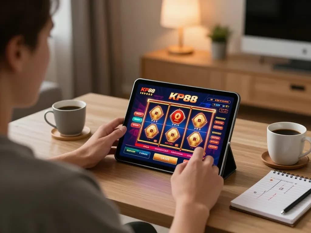 Engaging with KP88 casino app on a tablet in a modern home office.