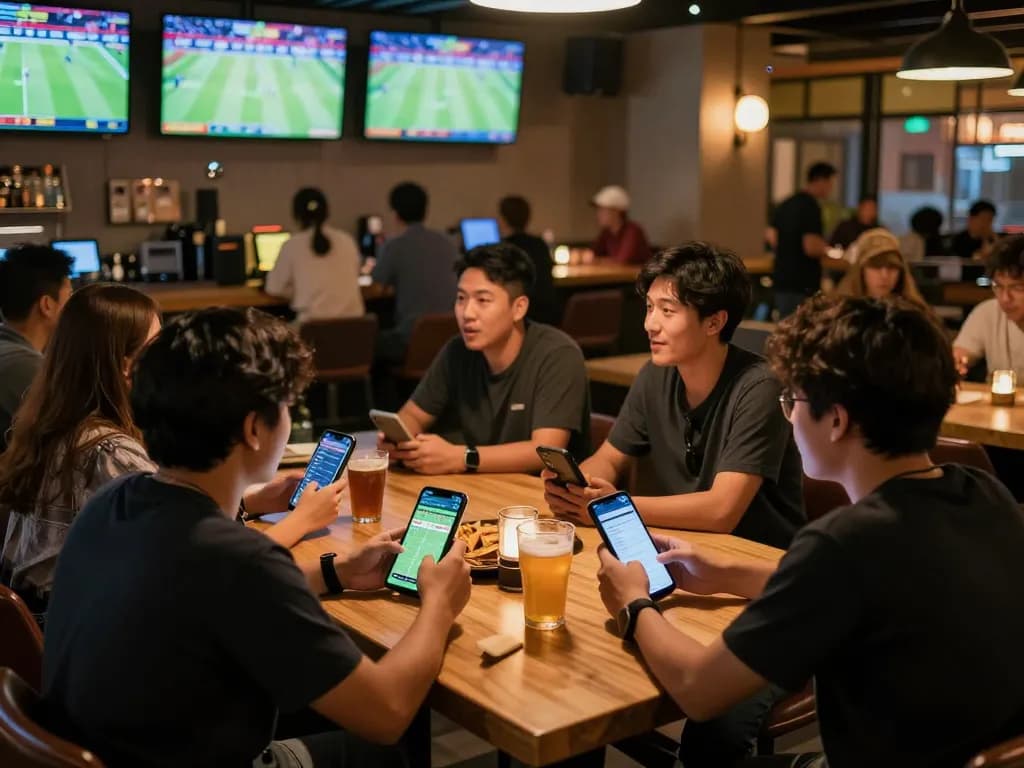 Excited friends place bets on the keonhacai app during a live sports match in a lively sports bar.