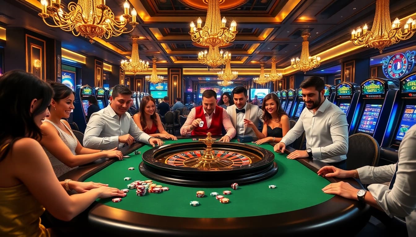 Go8 players enjoying an upscale gaming experience at a roulette table in a luxurious casino.