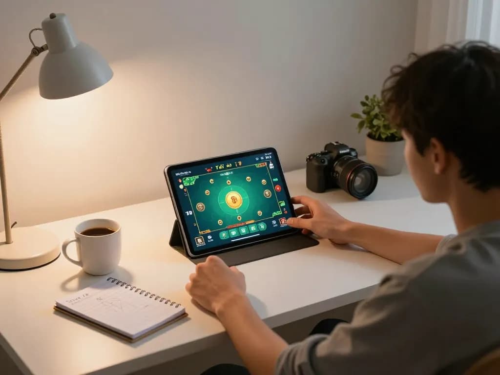Engaged player strategizing for Tài Xỉu in a cozy home setup with tablet interface visible.