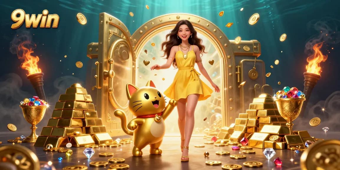 Engage with 9win and win big at the vibrant casino with lucky cat and treasures.