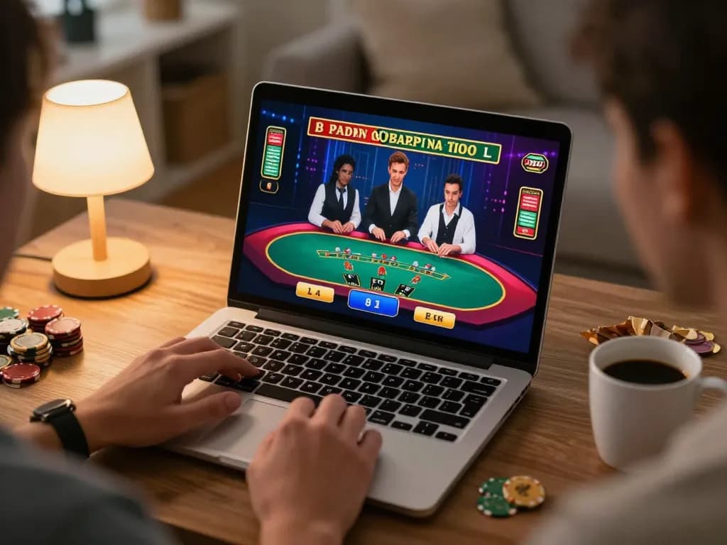 Engaging in online blackjack gameplay at HOME with HELLO88, showcasing live dealer interaction and cozy atmosphere