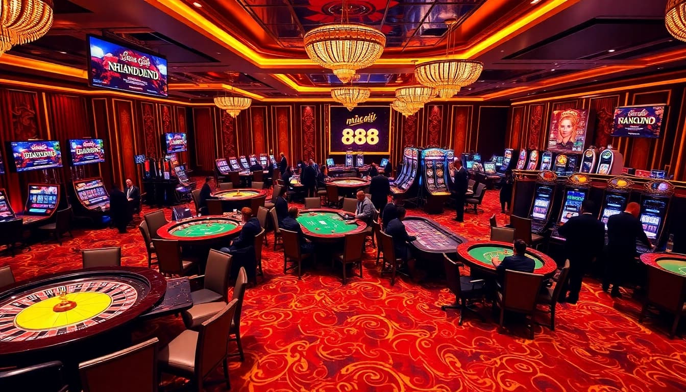 Experience the excitement at nhà cái 888VND with players engaging at roulette tables and slot machines.