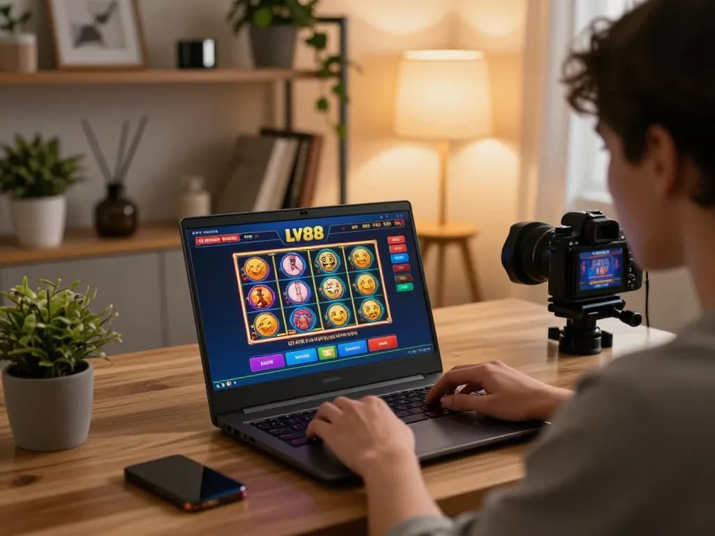 Player engaging with the LV88 online casino platform on their laptop, showcasing interactive gaming.