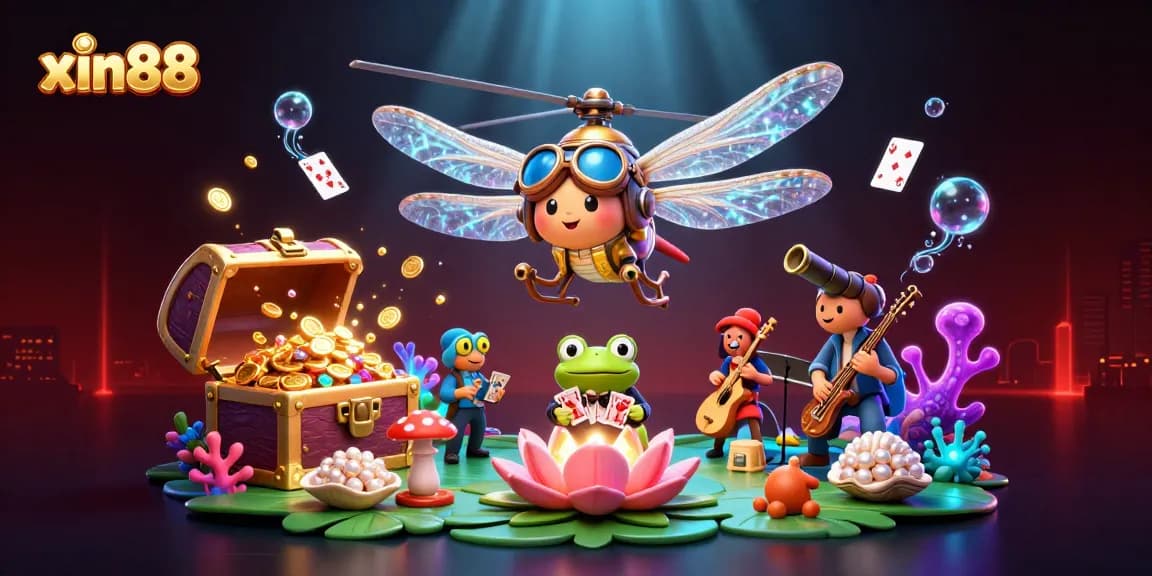 Experience the excitement of xin88 as a cartoon dragonfly pilot navigates a vibrant lily pad casino.
