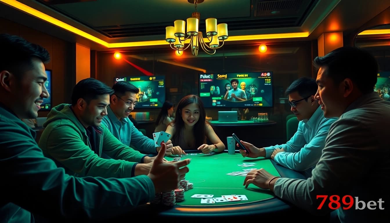 Engaging online gambling scene with 789bet poker and casino games, showcasing excitement and luxury.