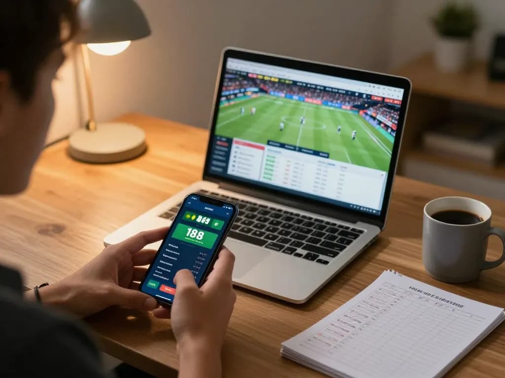 Engaged player using 188 bet app for sports betting in a cozy home setup.