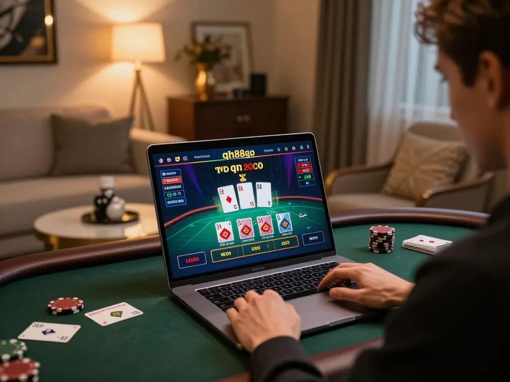 A player enjoys a thrilling moment on qh88go while engaging in a live casino game at home.