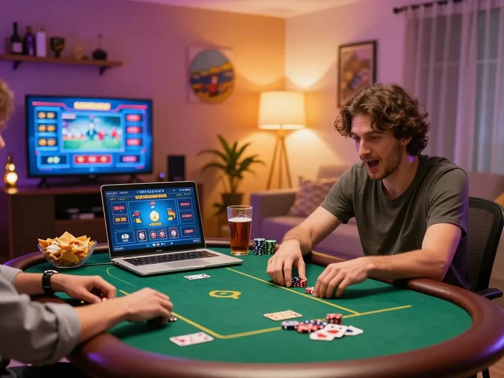 Engaged player on ko66 com enjoying online poker while strategizing in a cozy home setup.