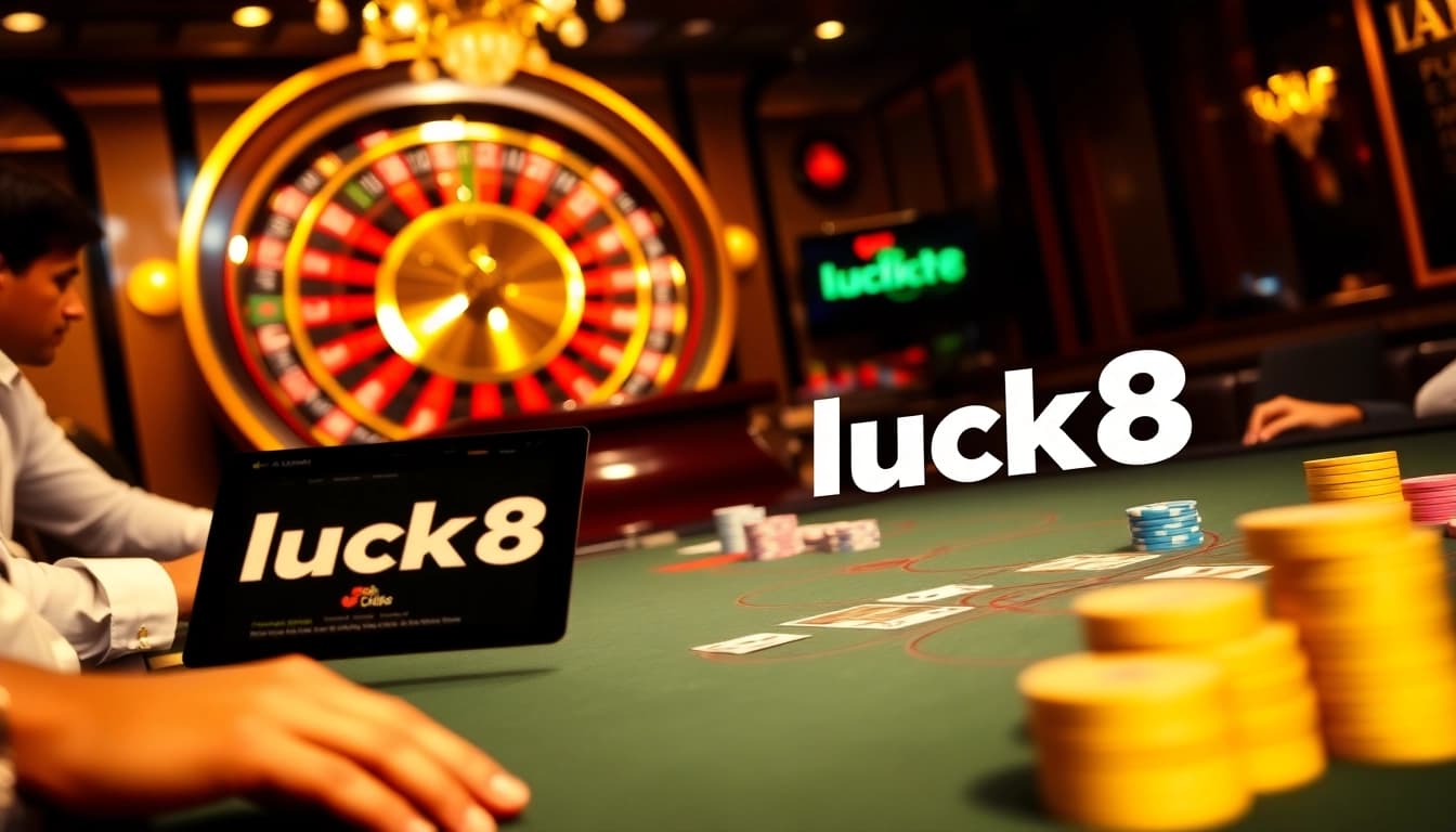 Exciting gameplay at Luck8 casino with vibrant poker table and roulette wheel.