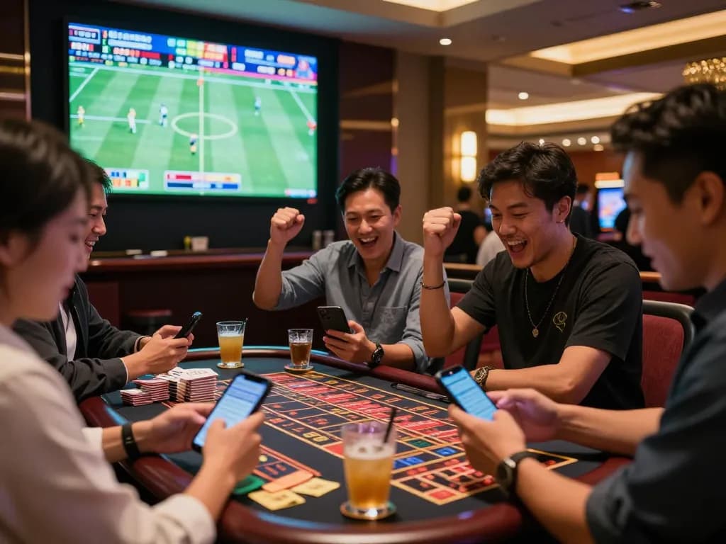 Engaged bettors placing sports bets at the casino while watching resultsfootball live on screens