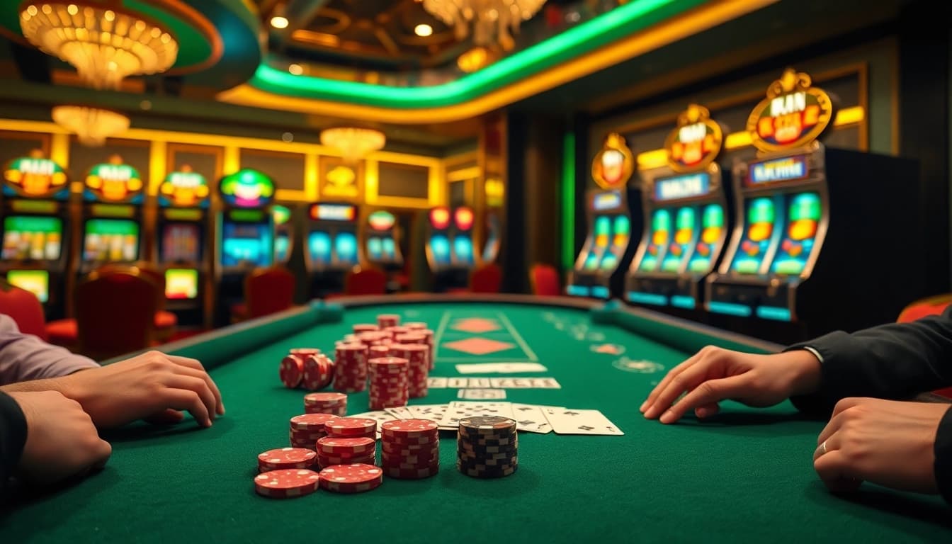 Experience the thrill of tài xỉu md5 at a luxurious casino table with vibrant chips and cards.