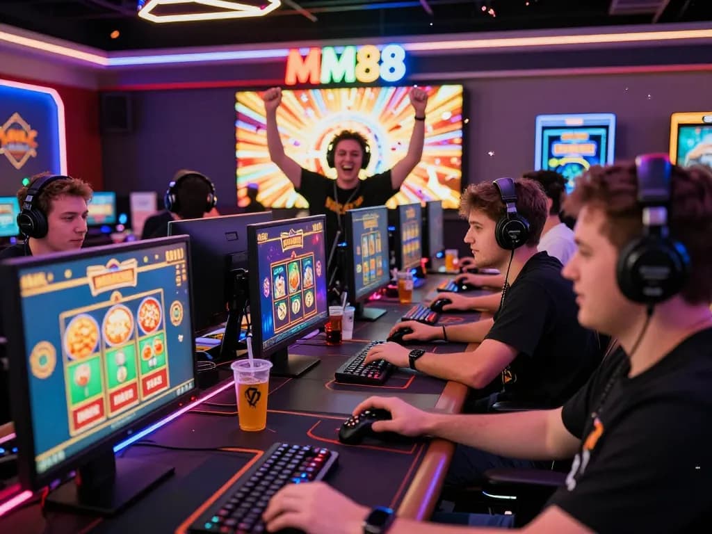 Players celebrating wins at their computers in an energetic MM88 online gaming environment filled with colorful displays.