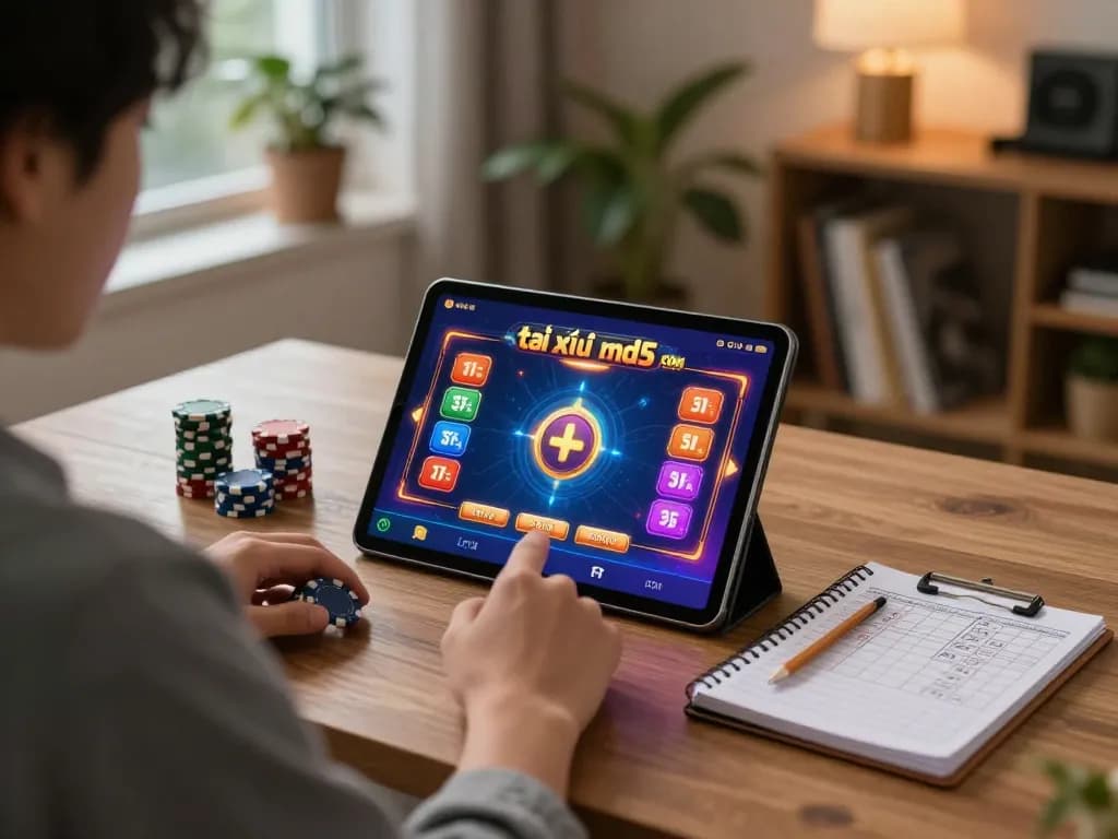 A player enjoying tài xỉu md5 com on a tablet, surrounded by betting strategy notes in a warm home setting.