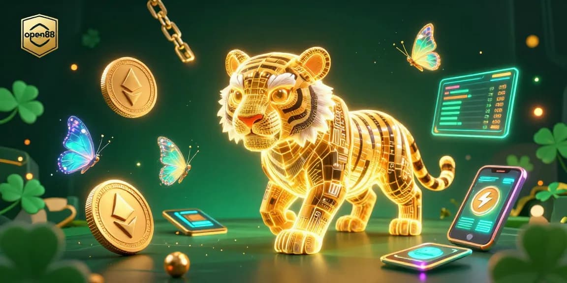 Engage with open88's vibrant 3D casino scene featuring a golden tiger and cryptocurrency elements.