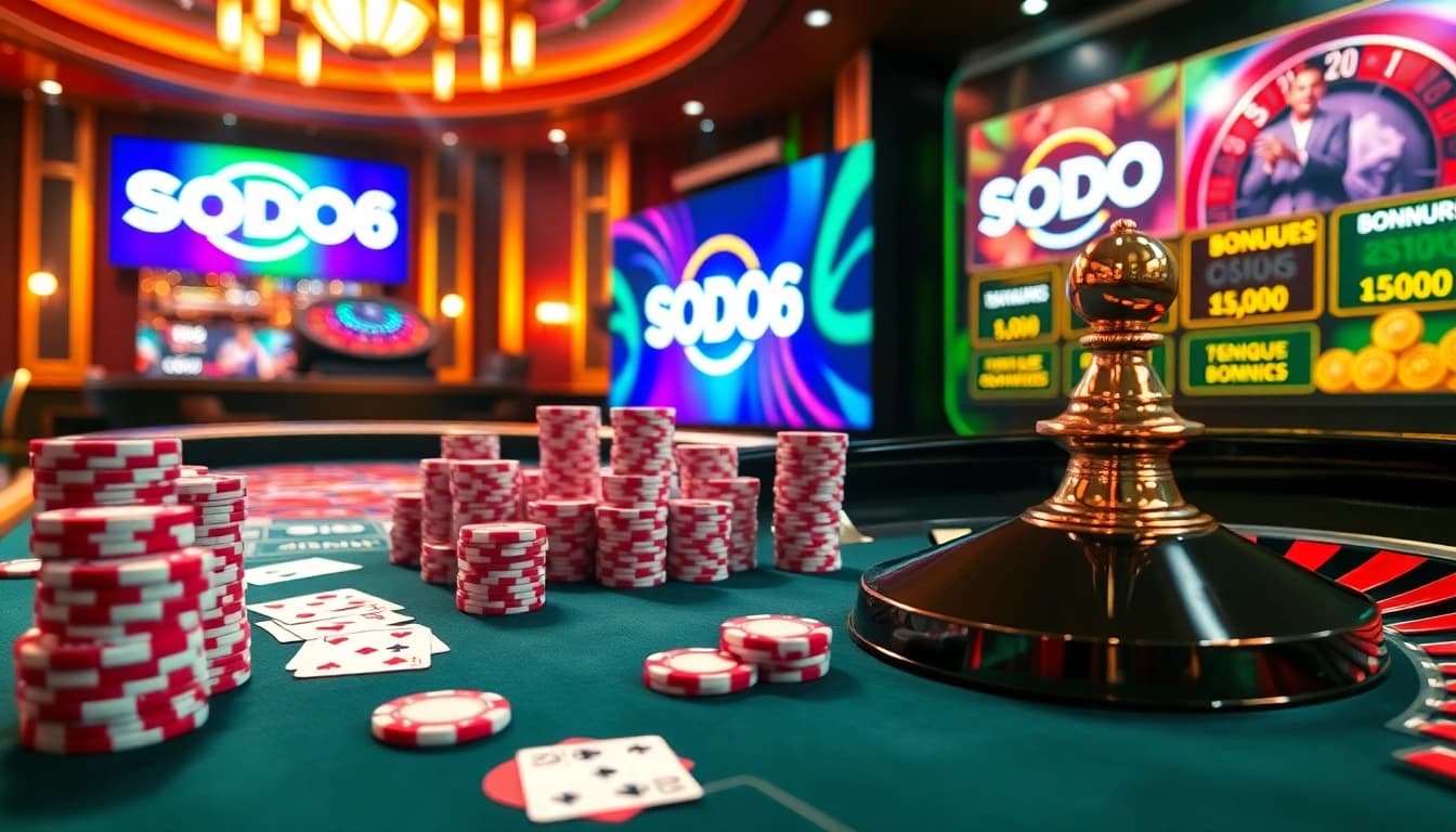 SODO66 showcases an immersive casino experience with vibrant poker chips and a spinning roulette wheel.