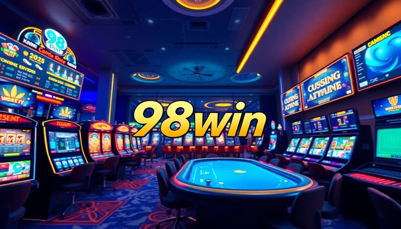 Link 98win displayed on a dynamic online gambling interface featuring casino games and sports betting.