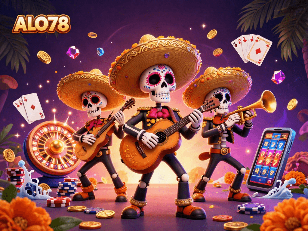 Engage with ALO78's vibrant gambling scene featuring lively mariachi skeletons and dynamic casino elements.