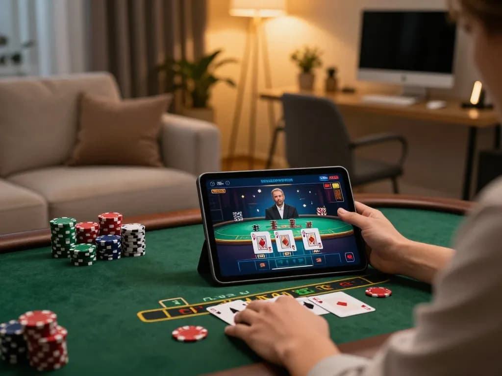 KUBET live dealer gaming session on tablet showcases strategic decisions in a stylish home setting.
