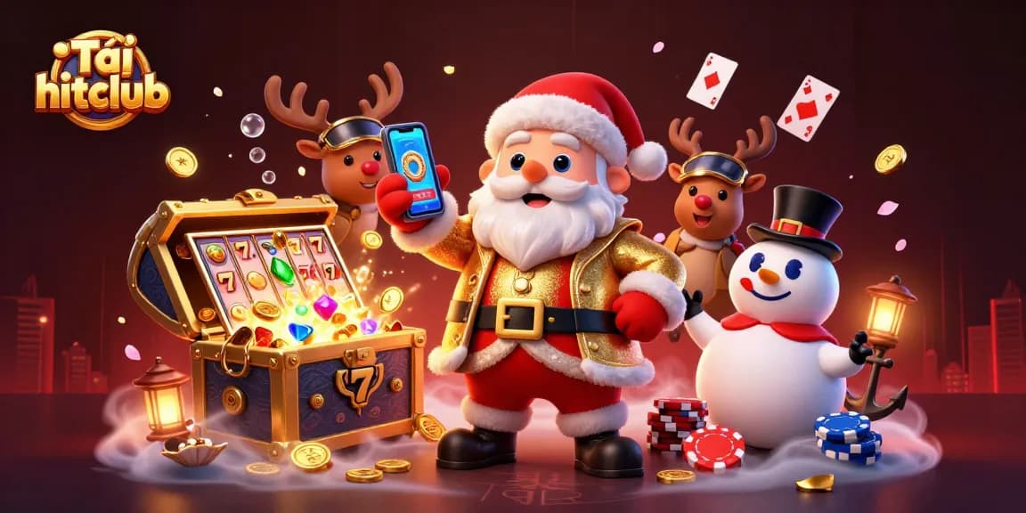 Tải hitclub and enjoy a vibrant casino experience with Santa Claus, his reindeer, and a snowman amidst jackpot thrills and festive elements.