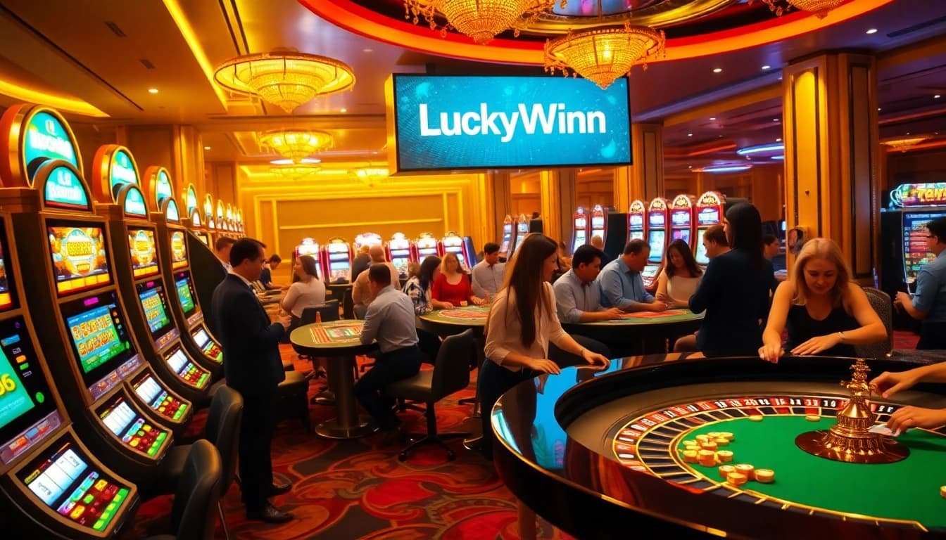Players enjoy thrilling games at LuckyWin casino with vibrant slot machines and roulette tables.