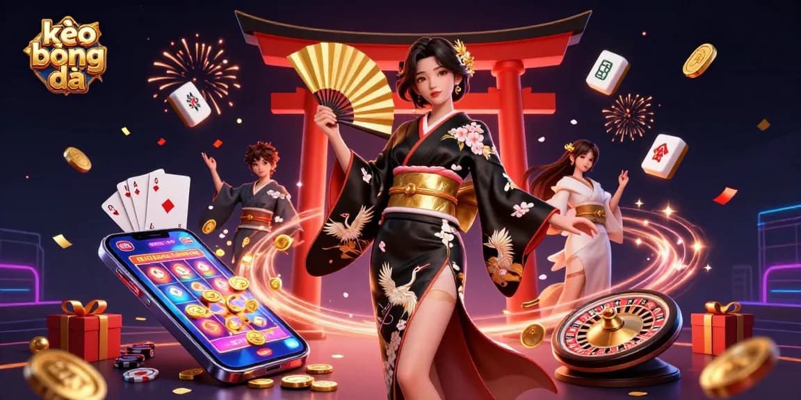 Bet on kèo bóng đá as an elegant Asian woman in a kimono showcases casino games and fortune.