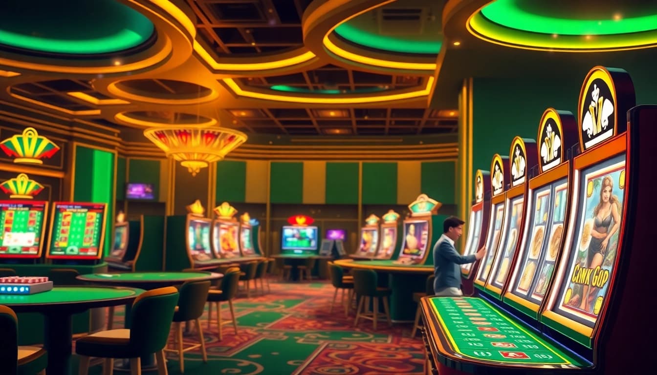 Experience the thrill of winning on the trang chủ 8kbet platform with vibrant casino visuals featuring slot machines and poker.
