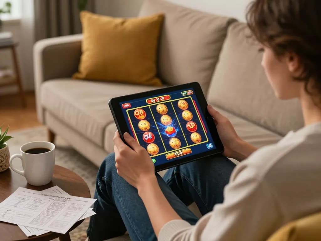 Engaging in thrilling online slots with ALO8 VIP on a cozy tablet setup at home.