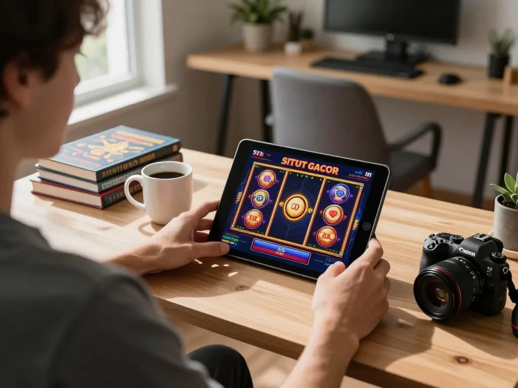 Player enjoying a situs slot gacor session on a tablet at home, showcasing gaming focus and environment.