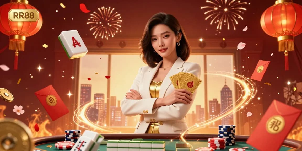 Experience thrilling gameplay at RR88 with an elegant Asian woman showcasing her cards amidst festive decorations.