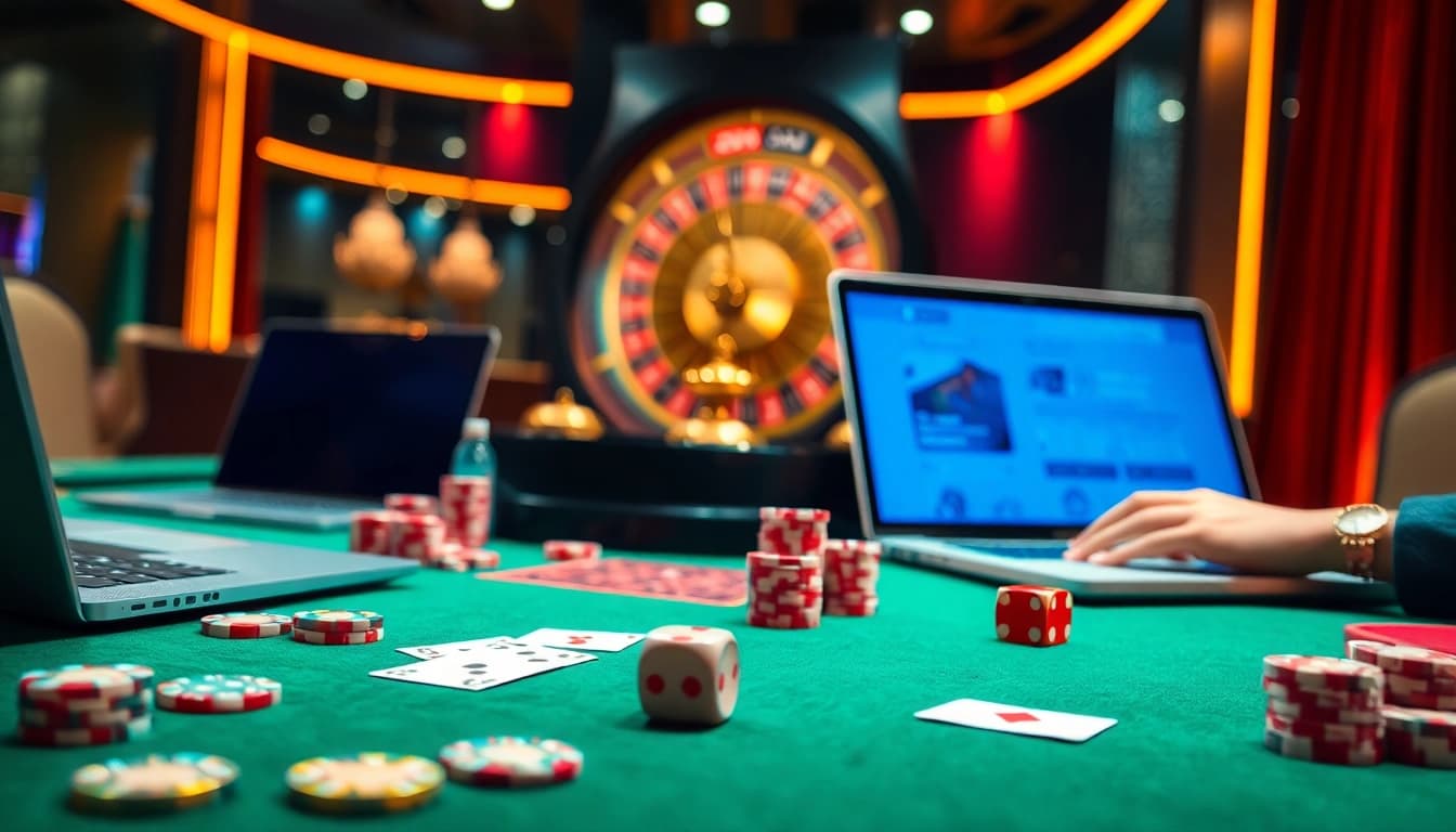 Engage with thrilling casino action at https://uu88xpj.com/, showcasing exciting poker chips and roulette wheels.