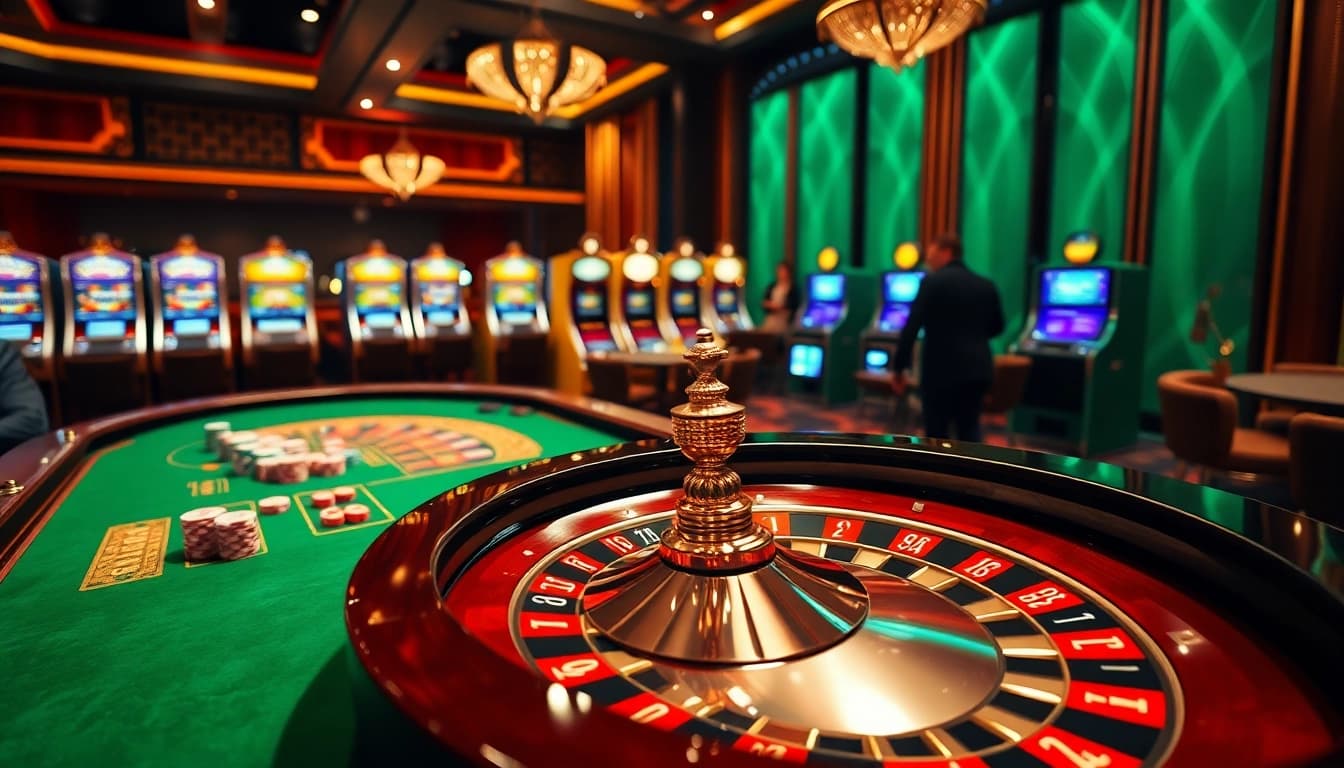 Engaging players at a luxurious casino scene with 8kbet roulette table and vibrant poker chips.