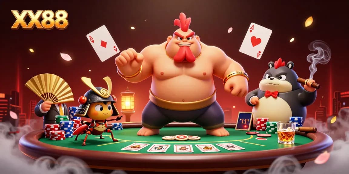 Engage with the vibrant XX88 casino experience featuring a powerful sumo rooster and dynamic poker elements.