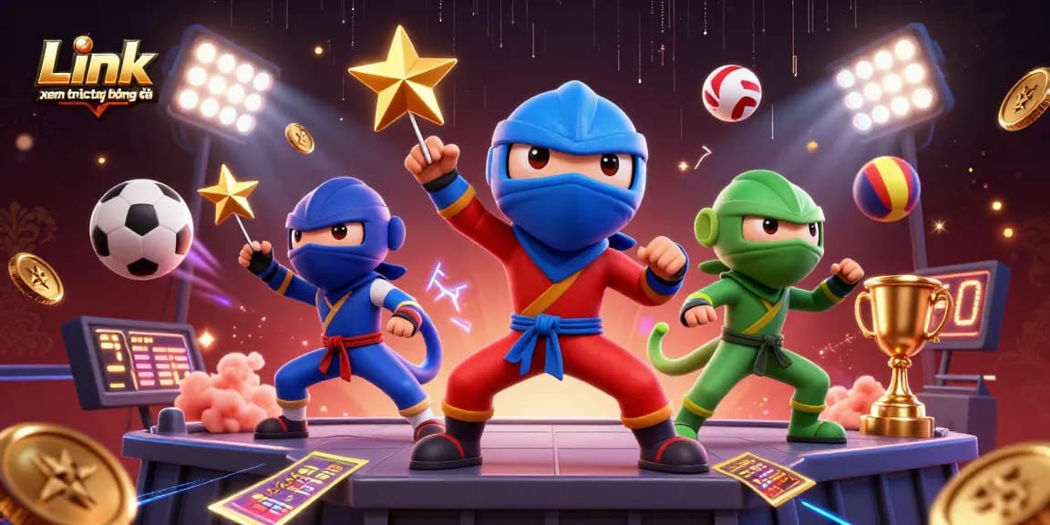 Experience Link xem trực tiếp bóng đá with dynamic 3D characters, sports elements, and vibrant action.