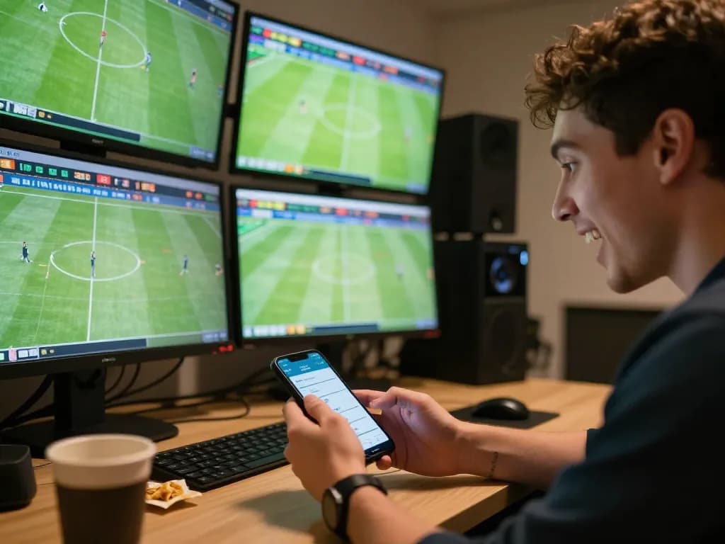 Engaged user monitoring kqbd sports bets, displaying live match odds on multiple screens.