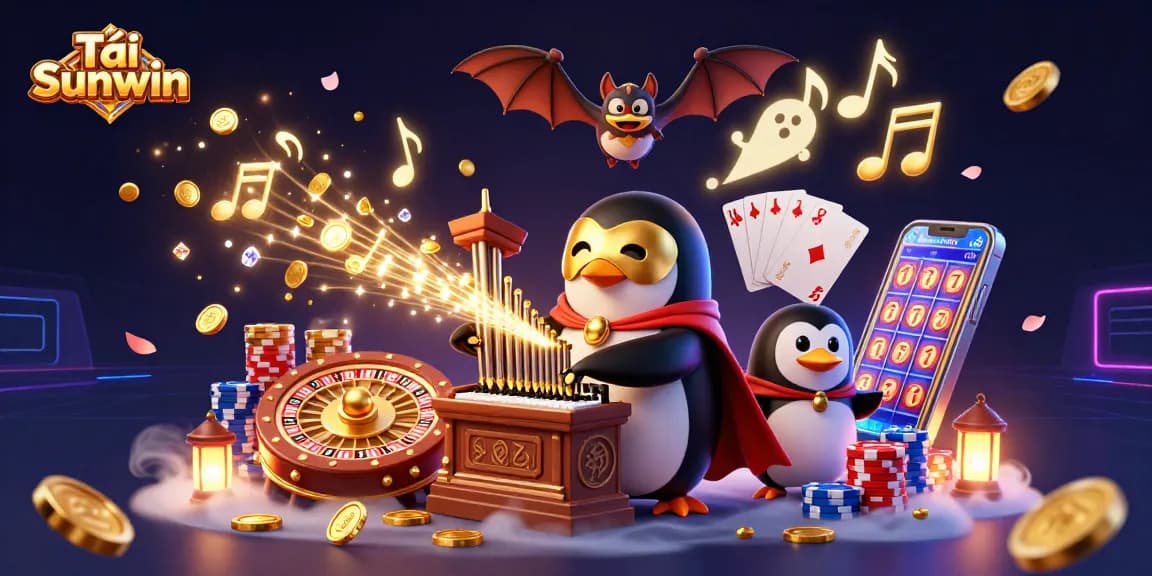 Experience Tải Sunwin with a dazzling 3D casino scene featuring a penguin organist amid golden coins and vibrant casino elements.