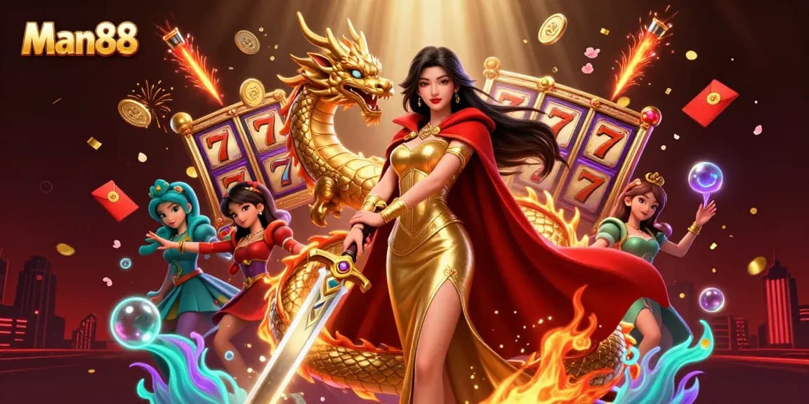 Experience the excitement of Man88 with a warrior queen and golden dragon in a vibrant casino scene.