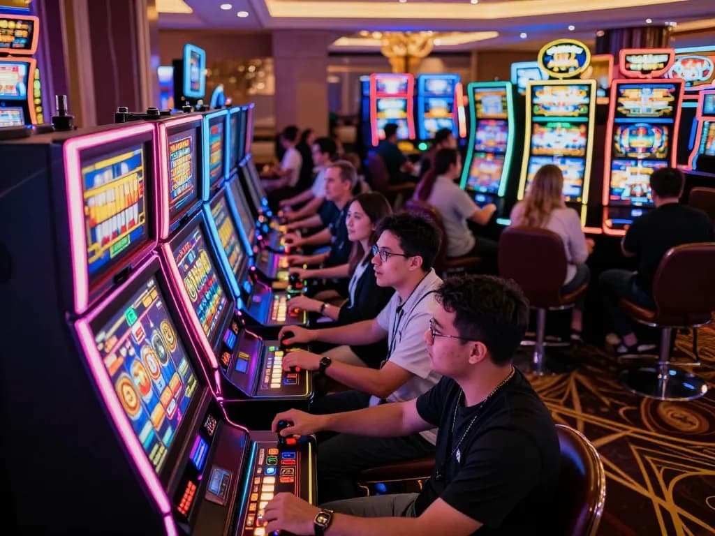 Players spinning reels at vibrant slot machines in a high-energy casino environment showcasing tt88.com gaming