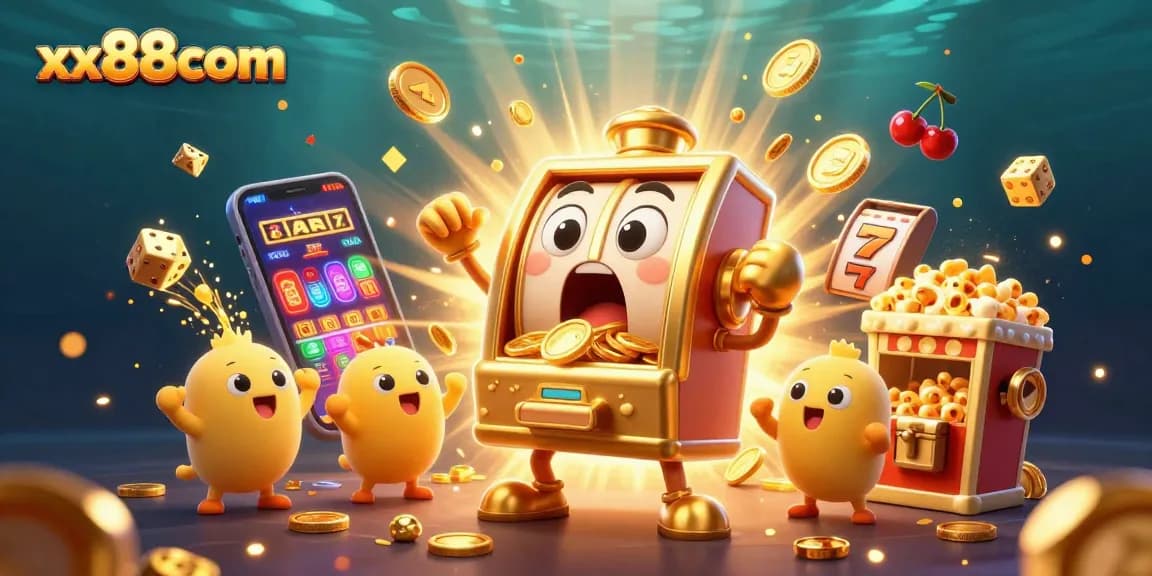 Experience jackpots with excitement at xx88com featuring animated slot machines bursting with coins.