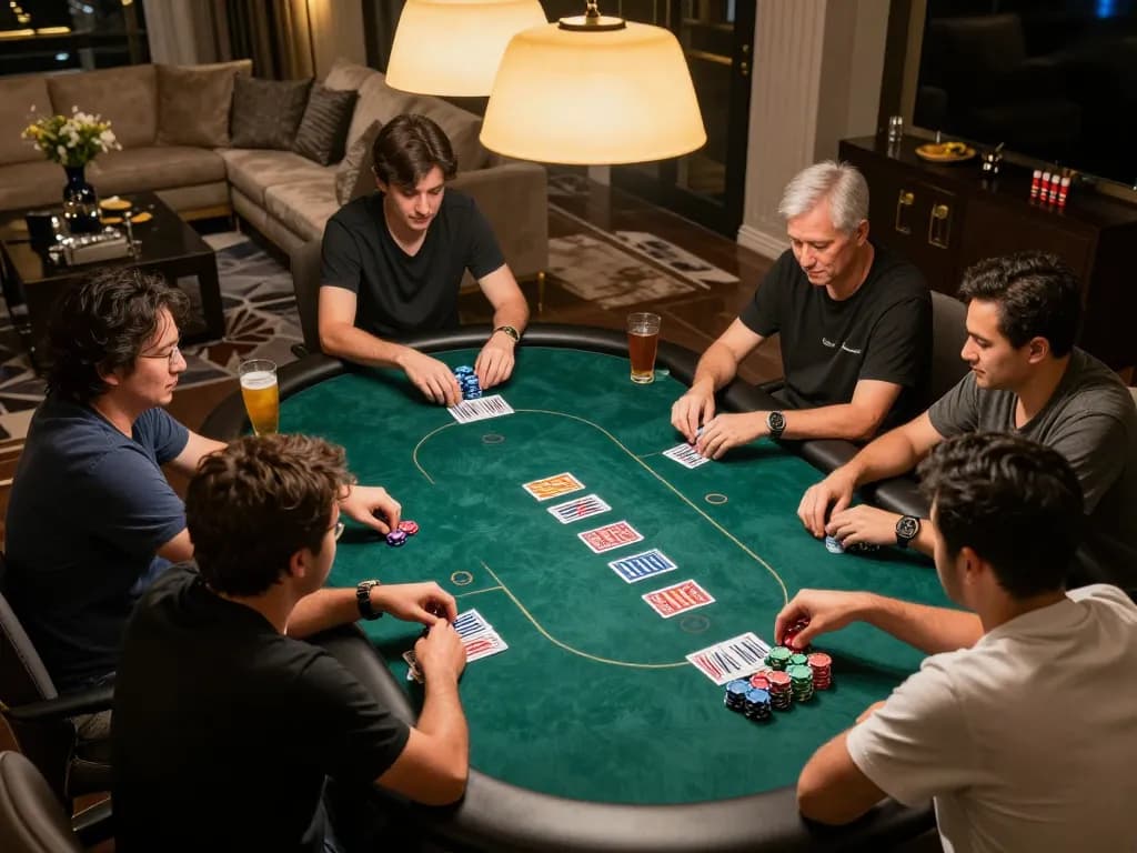 Players engage in a competitive poker game at home, showcasing XX88's thrilling gambling experience