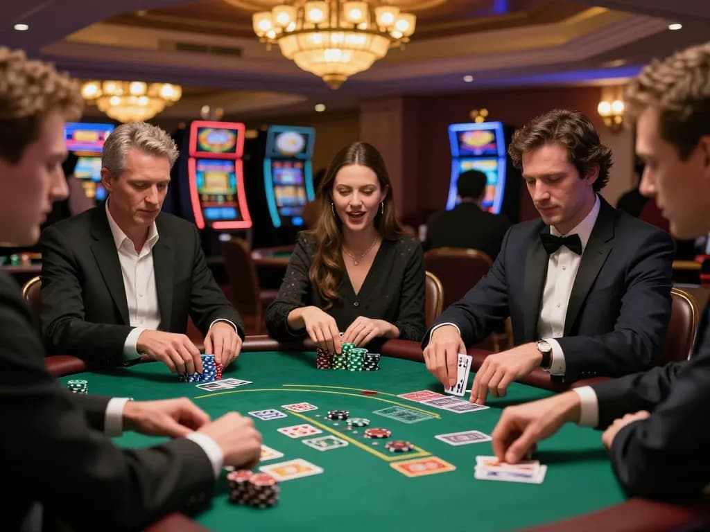 Players enjoying a strategic game of blackjack at ee88 casino, surrounded by vibrant atmosphere.